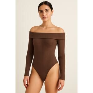 Aerie Off Shoulder Ribbed Long Sleeve Bodysuit Brown Size Small